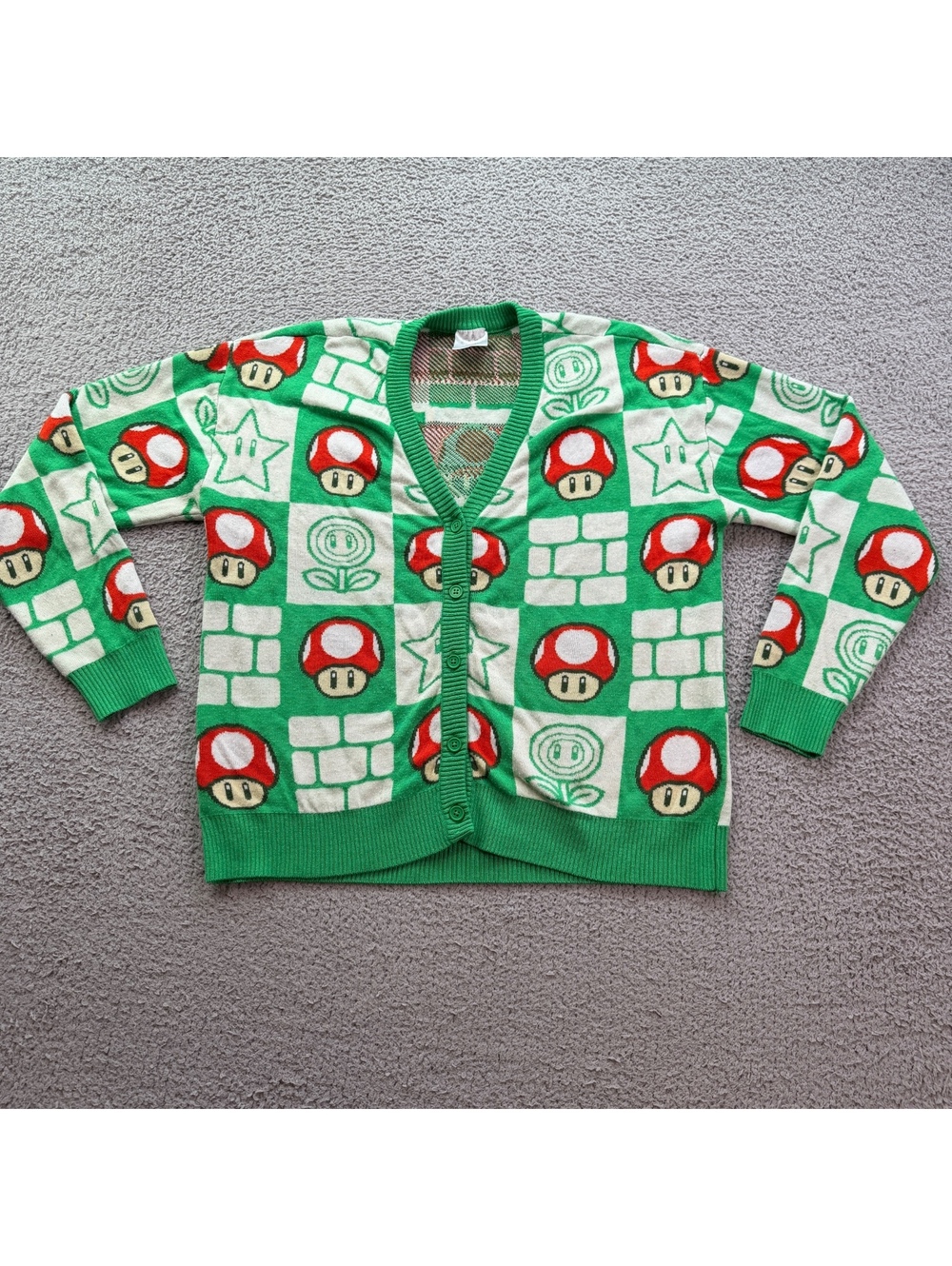 Nintendo Super Mario Bros Mushroom Checkered Green Knit Cardigan Sweater L